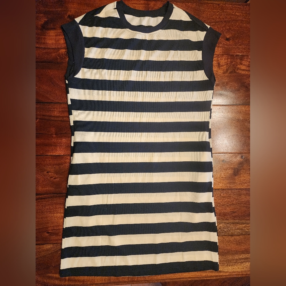 Crewneck A Line Navy & White Striped Summer T-shirt Dress Mini W Pockets NWOT - Picture 5 of 12